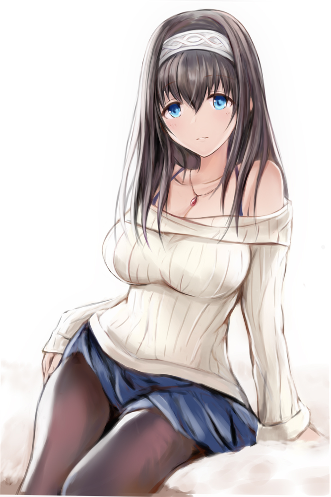 1girl bangs bare_shoulders black_hair black_legwear blue_eyes blue_skirt breasts cleavage collarbone hair_between_eyes hairband idolmaster idolmaster_cinderella_girls jewelry light_blush light_smile long_sleeves looking_at_viewer nannacy7 necklace off-shoulder_shirt off_shoulder pantyhose pleated_skirt ribbed_shirt sagisawa_fumika shirt sitting skirt solo white_background white_shirt