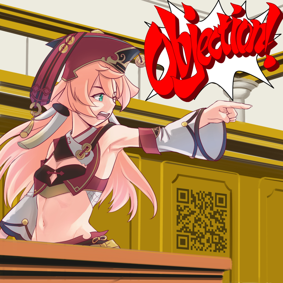 1girl antlers armpits bangs bare_shoulders breasts cleavage cowboy_shot crop_top detached_sleeves english_commentary genshin_impact green_eyes groin gyakuten_saiban hair_between_eyes hat indoors long_hair looking_to_the_side midriff mir_fille_de_meiou navel objection open_mouth parody pink_hair pointing qr_code red_headwear revealing_clothes sidelocks skirt small_breasts solo standing table upper_teeth yanfei_(genshin_impact)
