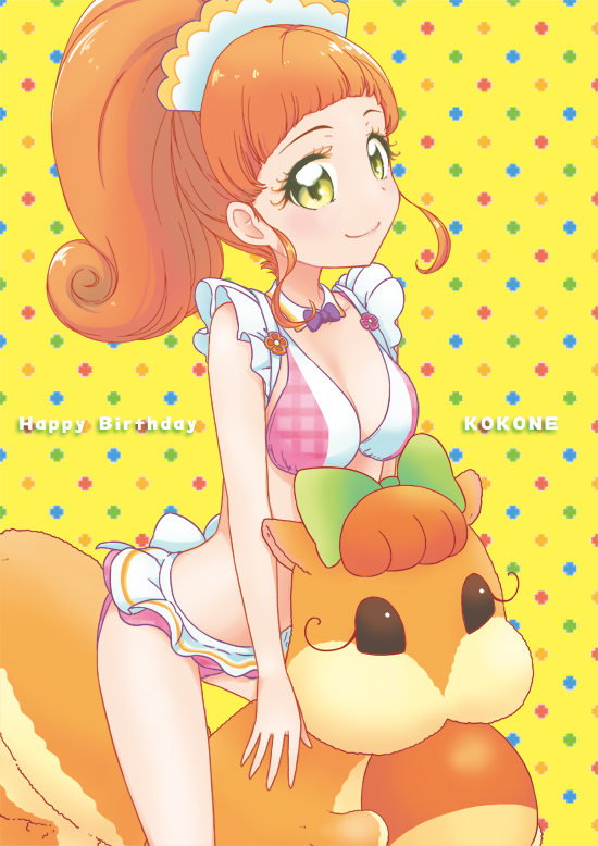 1girl aikatsu! aikatsu!_(series) bangs bare_arms bare_legs bare_shoulders bikini birthday blunt_bangs bow bowtie breasts character_name cleavage close-up closed_mouth collar commentary cowboy_shot cross curly_hair detached_collar frilled_bikini frills from_side green_eyes happy_birthday headdress high_ponytail inflatable_toy kurisu_kokone large_breasts leaning_forward long_hair looking_at_viewer midriff mizuki_maya multicolored multicolored_bikini multicolored_clothes orange_hair pink_bikini pink_lips plaid plaid_bikini purple_bow purple_neckwear sidelocks sideways_glance single_stripe smile solo squirrel stomach swimsuit swimwear white_bikini white_collar wing_collar yellow_background yellow_stripe