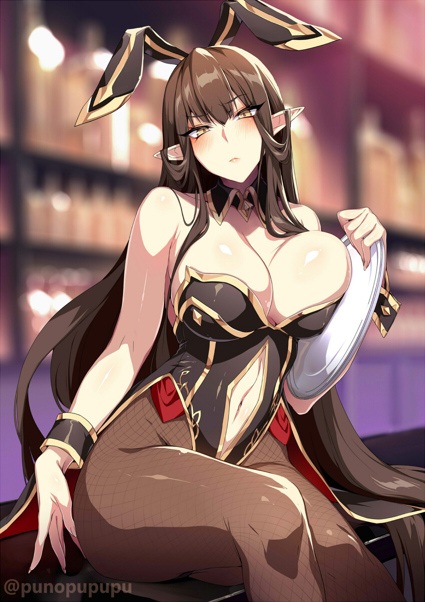 1girl animal_ears bangs bare_shoulders black_leotard blush breasts brown_hair brown_legwear bunny_ears cleavage clothing_cutout coattails detached_collar fate/apocrypha fate_(series) fishnet_legwear fishnets gold_trim highleg highleg_leotard large_breasts leotard long_hair looking_at_viewer navel navel_cutout pantyhose playboy_bunny pointy_ears semiramis_(fate) sidelocks sitting thighs tray very_long_hair wrist_cuffs yellow_eyes zeroshiki_kouichi