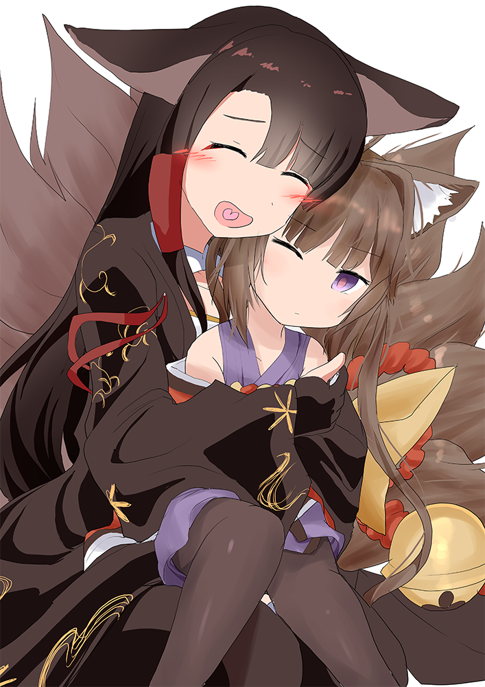 2girls :d ^_^ ^o^ akagi_(azur_lane) amagi-chan_(azur_lane) animal_ears azur_lane bangs bell black_gloves black_hair black_legwear brown_hair cheek-to-cheek closed_eyes collarbone commentary_request ear_down eyebrows_visible_through_hair eyeshadow fingerless_gloves fox_ears fox_girl fox_tail gloves hair_tubes head_tilt heart heart_in_mouth height_difference hug hug_from_behind japanese_clothes kyuubi long_hair makeup multiple_girls multiple_tails off-shoulder_kimono off_shoulder one_eye_closed open_mouth pantyhose purple_eyes sidelocks sitting sitting_on_lap sitting_on_person smile tail toro_yurei twintails white_background wide_sleeves