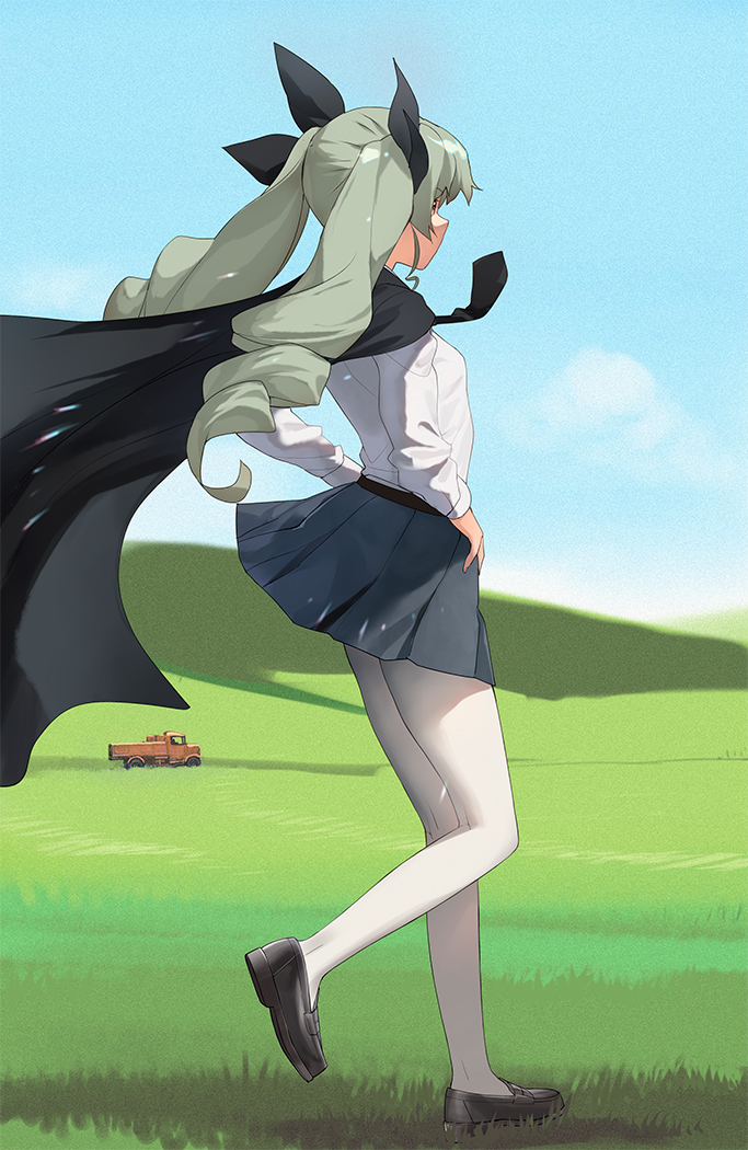 1girl a1 anchovy_(girls_und_panzer) black_cape black_footwear black_ribbon black_skirt blue_sky cape cloud day girls_und_panzer grass green_hair ground_vehicle hair_ribbon landscape long_hair long_sleeves motor_vehicle outdoors pantyhose ribbon shirt shoes skirt sky solo standing standing_on_one_leg truck white_legwear white_shirt