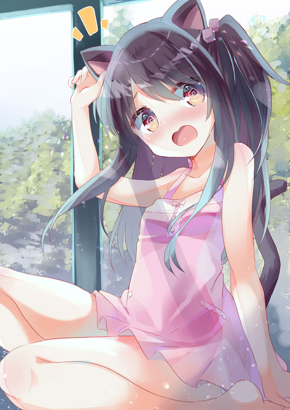 1girl @_@ adachi_tenka animal_ears arm_up bangs bare_arms bare_shoulders black_hair blush breasts brown_eyes cat_ears cat_girl cat_tail commentary_request dress ear_grab eyebrows_visible_through_hair hair_between_eyes hair_cubes hair_ornament indoors kemonomimi_mode kuriyuzu_kuryuu long_hair nose_blush notice_lines one_side_up open_mouth pink_dress shoujo_ramune sleeveless sleeveless_dress small_breasts solo tail tail_raised very_long_hair wavy_mouth window