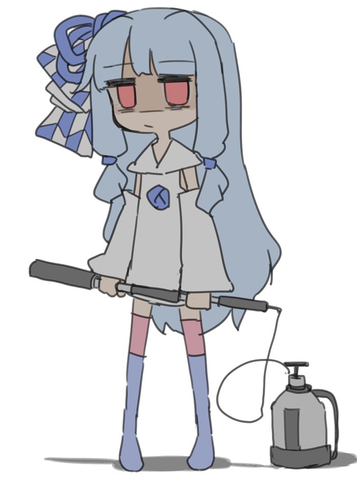1girl blue_legwear blue_ribbon bow chibi collar collared_dress commentary detached_sleeves doodle dress empty_eyes flamethrower full_body hair_bow hair_ribbon holding holding_weapon kotonoha_aoi light_blue_hair light_frown long_hair miri_(miri_1m) red_eyes ribbon sailor_collar shaded_face shadow sidelocks solo standing thighhighs very_long_hair voiceroid weapon white_background white_collar white_dress white_sleeves