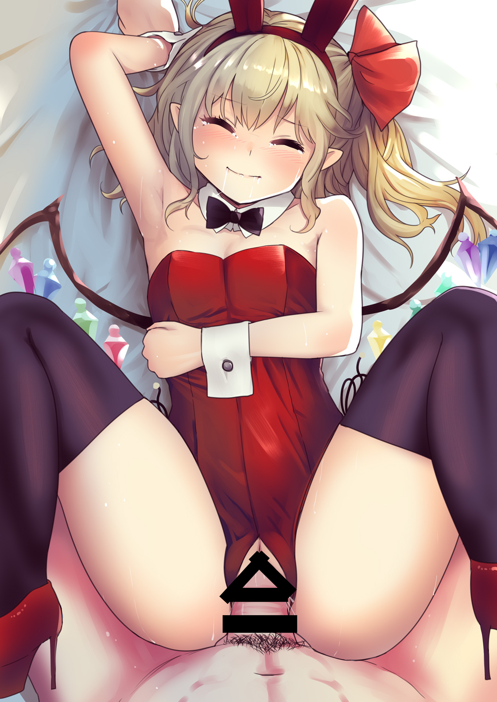 1boy 1girl alternate_costume animal_ears arm_under_breasts arm_up armpits ass bare_shoulders black_legwear blonde_hair blush bow breasts bunny_ears censored cleavage closed_eyes commentary_request crotch_cutout crystal culter detached_collar fake_animal_ears flandre_scarlet hair_between_eyes hair_bow hetero high_heels highres knees_up leotard long_hair no_panties penis playboy_bunny pussy red_bow red_leotard sex side_ponytail small_breasts smile solo_focus spread_legs tears thighhighs thighs touhou vaginal vampire wings wrist_cuffs