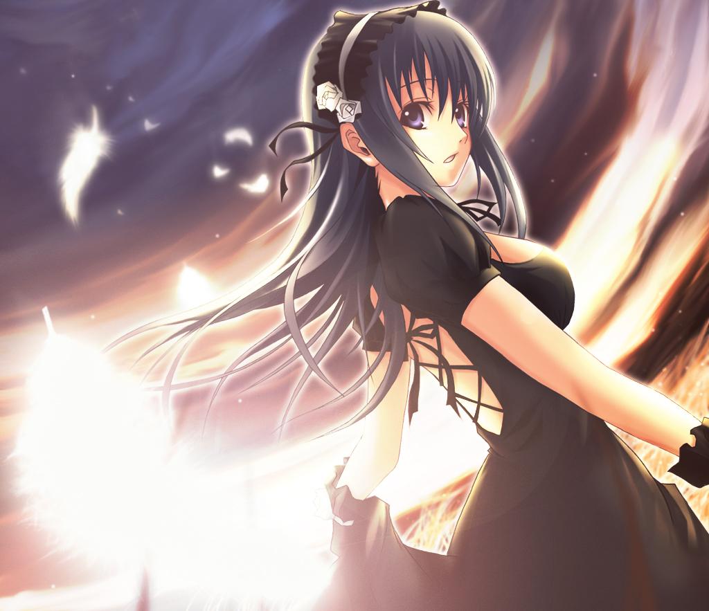 :o arin back back_cutout bangs black_dress black_gloves black_hair breasts cowboy_shot cross-laced_clothes dress dutch_angle feathers field flower frills from_behind futami_kito gloves glowing grass hair_flower hair_ornament hairband large_breasts light long_hair looking_at_viewer looking_back open_mouth pangya petals purple_eyes skirt_hold sky solo