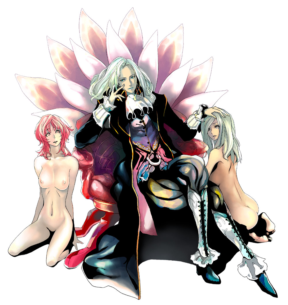 aqua_eyes asellus_(saga_frontier) ass bad_end barefoot boots breasts cape chair clothed_female_nude_female crossed_legs flower gina hand_on_head kneeling medium_breasts multiple_girls nipples nude orlouge pink_eyes pink_hair princess_white_rose saga saga_frontier sammohung silver_eyes silver_hair sitting smile soles throne white_hair yuri