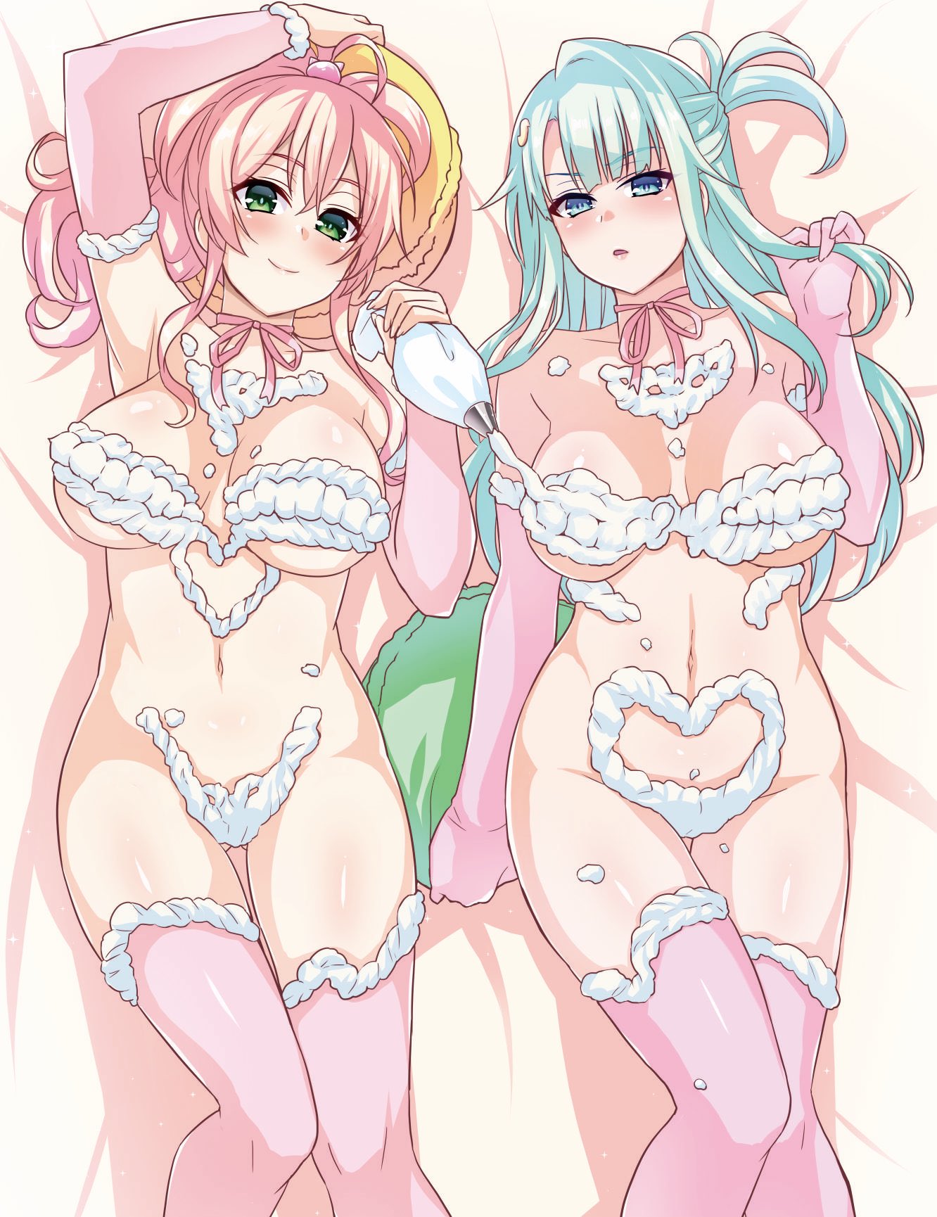 2girls ahoge aqua_eyes aqua_hair blonde_hair character_request commentary covered_nipples cream cream_on_body cream_on_breasts elbow_gloves elbow_sleeve food gloves green_eyes hair_ornament hairclip hajimete_no_gal hand_in_hair heart highres icing looking_at_viewer lying macaron multiple_girls no_bra no_panties nude official_art on_back on_bed open_mouth pastry_bag pillow pink_ribbon ponytail ribbon smile thighhighs ueno_meguru yame_yukana