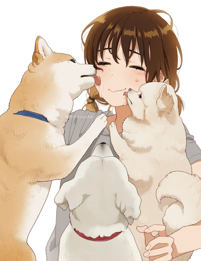 1girl brown_hair closed_eyes dog face_licking licking mattaku_mousuke messy_hair original saliva sweatdrop wavy_mouth white_background