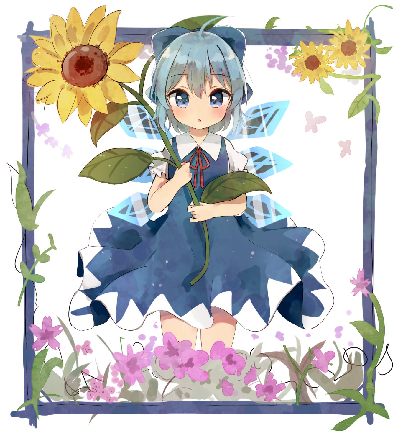 1girl :o ahoge antidote bangs blue_bow blue_dress blue_eyes blue_hair blush bow cirno commentary_request cowboy_shot dress eyebrows_visible_through_hair flat_chest flower flower_request hair_bow highres holding holding_flower ice ice_wings leaf parted_lips puffy_short_sleeves puffy_sleeves purple_flower red_neckwear red_ribbon ribbon short_hair short_sleeves simple_background solo standing sunflower touhou wings yellow_flower
