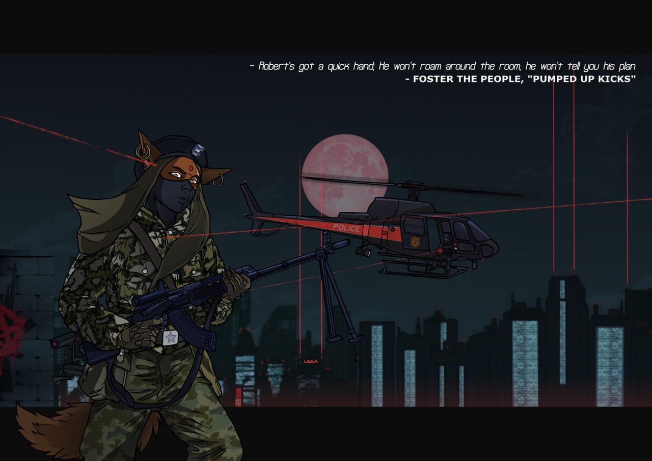 aircraft aleone animal_humanoid armor armored_vest assault_rifle battle beret better_version_at_source bottomwear building bulletproof_vest camera camo city clothing dark_body dark_skin detailed_background facemask foster_the_people gun hammer_and_sickle hat headgear headwear helicopter helmet humanoid humanoid_pointy_ears jacket looking_at_viewer machine_gun moon outside pants pkm police politics ranged_weapon red_dawn red_star rifle roof skyscraper standing swat tactical tactical_gloves topwear weapon yellow_eyes