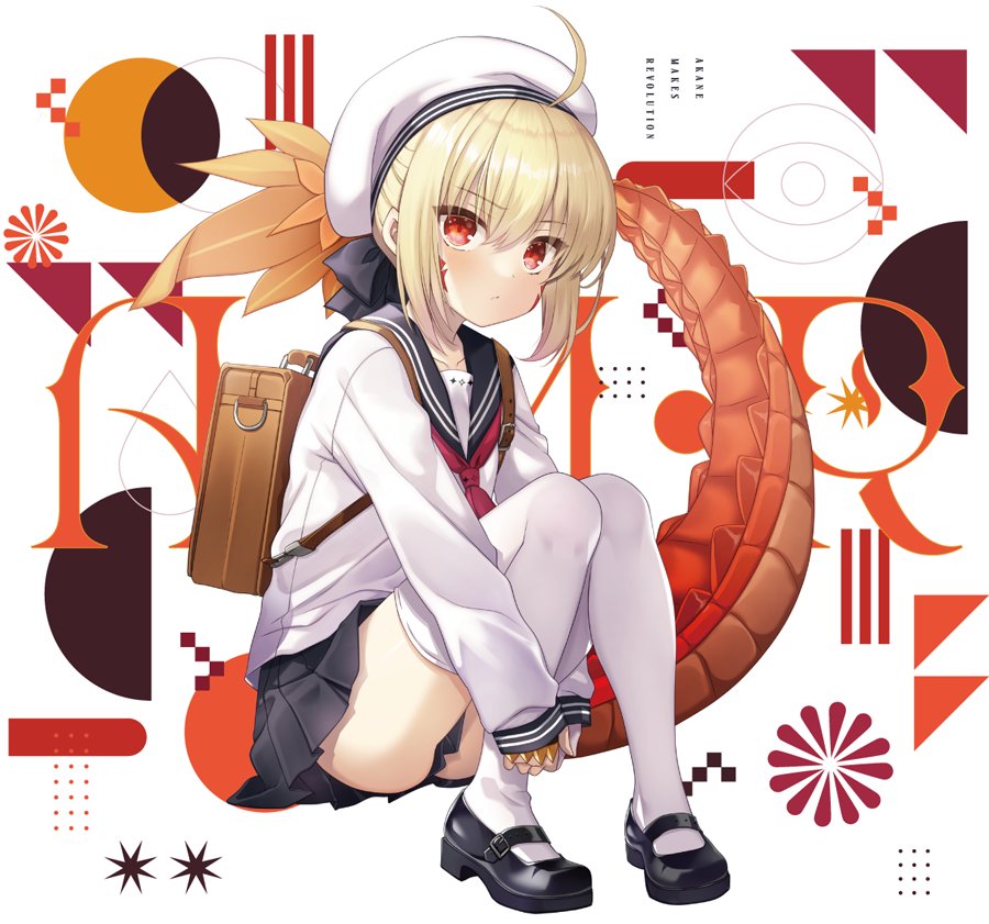 1girl ahoge backpack bag beret black_footwear black_sailor_collar black_skirt blonde_hair braid breasts dragon_tail facial_mark fate/grand_order fate_(series) french_braid hair_bun hair_intakes hair_ribbon hat ikegami_akane long_hair long_sleeves looking_at_viewer nero_claudius_(fate) queen_draco_(fate) red_eyes ribbon sailor_collar shirt skirt small_breasts tail thighhighs white_headwear white_shirt white_thighhighs