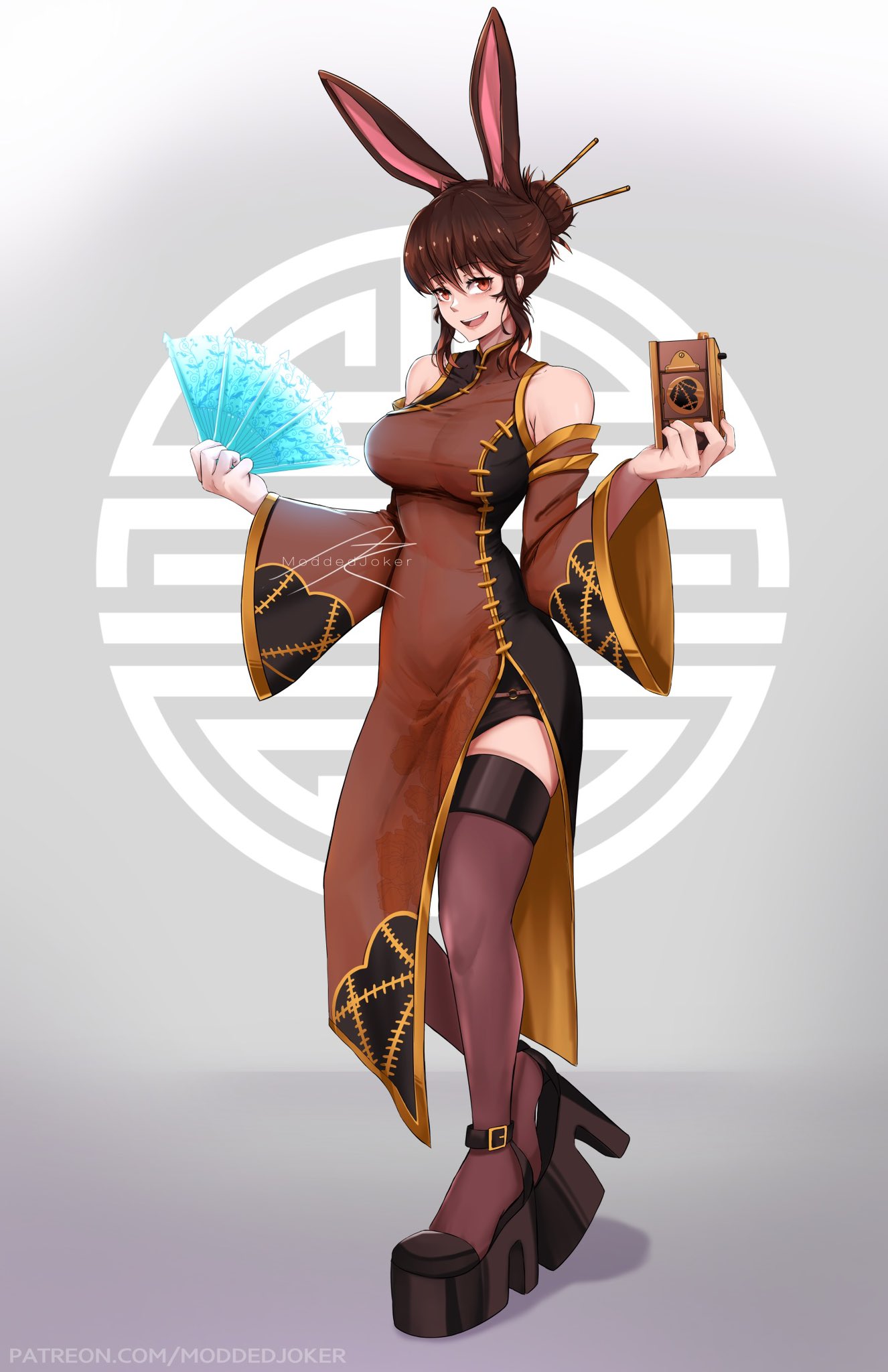 1girl anesidora_(rwby) animal_ears ankle_belt artist_name bare_shoulders belt black_belt black_dress breasts brown_dress brown_eyes brown_footwear brown_hair brown_sleeves brown_thighhighs camera china_dress chinese_clothes cleavage collarbone commentary detached_sleeves dress english_commentary full_body gold_trim grey_background hair_between_eyes hair_bun hair_ornament hair_stick hand_fan hands_up high_collar highres holding holding_camera holding_fan holding_weapon hologram large_breasts long_sleeves looking_at_viewer medium_hair moddedjoker new_year open_mouth platform_footwear platform_heels rabbit_ears rabbit_girl rwby side_slit sidelocks signature single_hair_bun skindentation smile solo standing thighhighs two-tone_dress two-tone_sleeves velvet_scarlatina weapon wide_sleeves