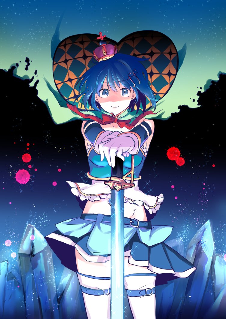1girl blue_eyes blue_hair blue_skirt commentary crown eyebrows_visible_through_hair floating_hair groin hair_ornament heart holding holding_sword holding_weapon looking_at_viewer magical_girl mahou_shoujo_madoka_magica miki_sayaka momoko_(palemon) pantyhose planted_sword planted_weapon short_hair skirt sleeveless stomach sword sword_behind_back thighs weapon witch_(madoka_magica)