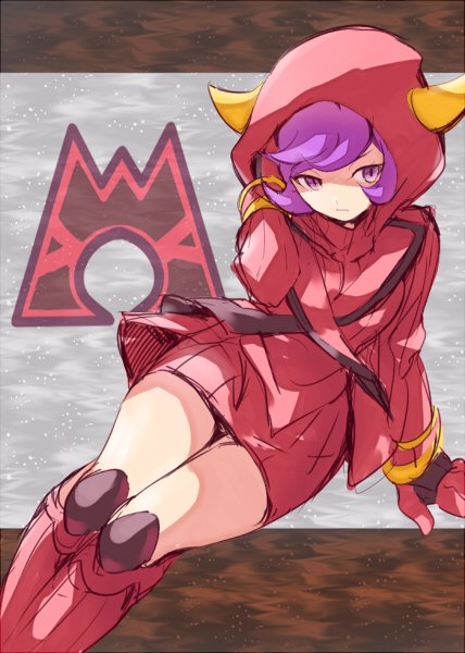 1girl black_gloves courtney_(pokemon) cowlick dress fake_horns gloves hood hooded_vest hoodie horned_headwear horned_hood horns kneehighs long_sleeves orange_mikan pokemon pokemon_oras purple_eyes purple_hair red_dress red_gloves red_hood ribbed_dress short_dress short_hair socks swept_bangs team_magma team_magma_uniform turtleneck_dress two-tone_gloves vest