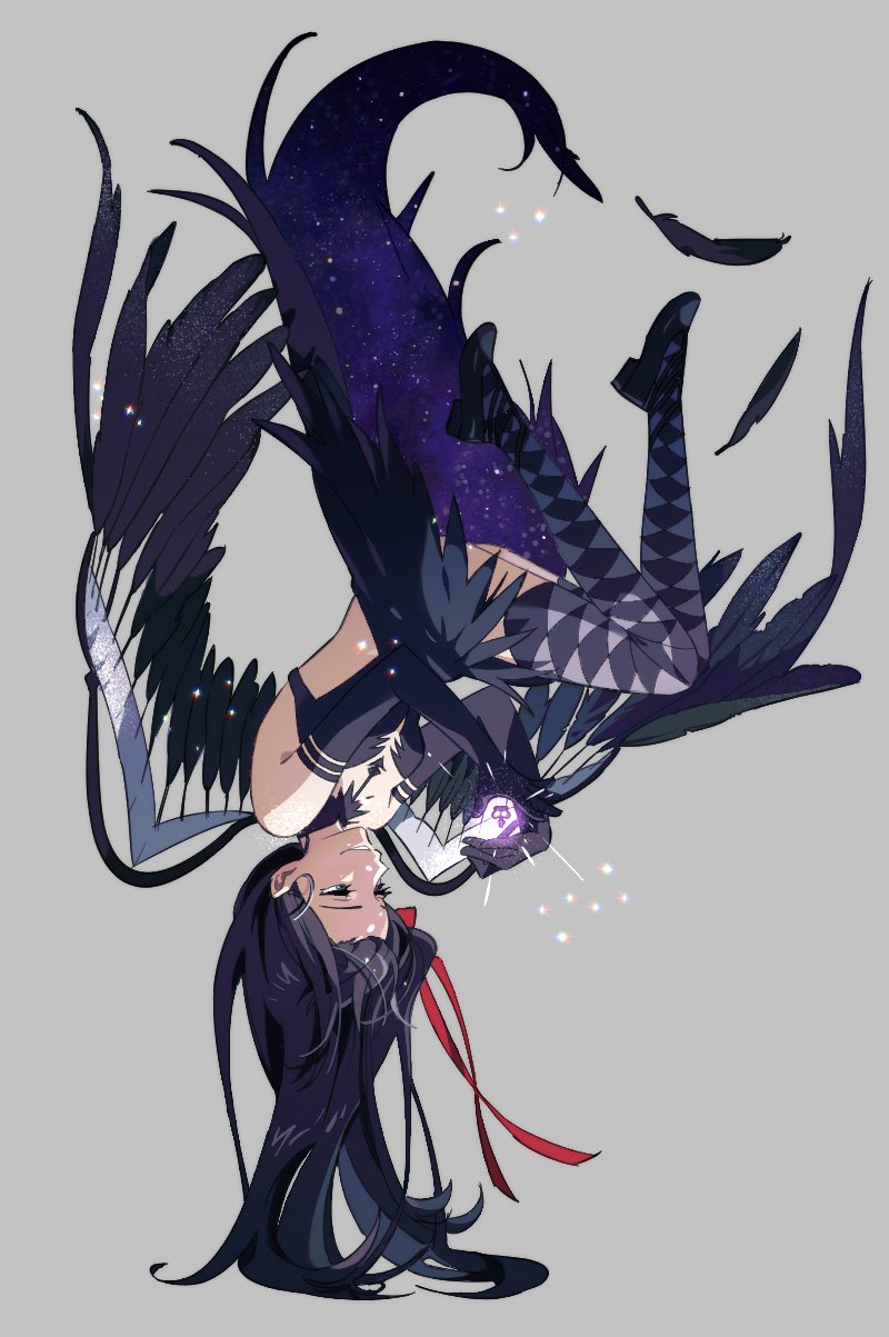 1girl akemi_homura akuma_homura argyle argyle_legwear asymmetrical_clothes backless_dress backless_outfit bare_shoulders black_dress black_feathers black_footwear black_gloves black_hair black_wings cupping_hands dark_orb_(madoka_magica) dress elbow_gloves evil_smile eyelashes feathered_wings feathers feet_up floating full_body glitter gloves glowing grey_background hair_ribbon half-closed_eyes halu_(6one_day9) hands_up highres jitome knees_together_feet_apart light_particles light_rays long_hair mahou_shoujo_madoka_magica mahou_shoujo_madoka_magica_movie red_ribbon ribbon shiny shiny_hair shoes simple_background smile solo sparkle thighhighs upside-down wings zettai_ryouiki