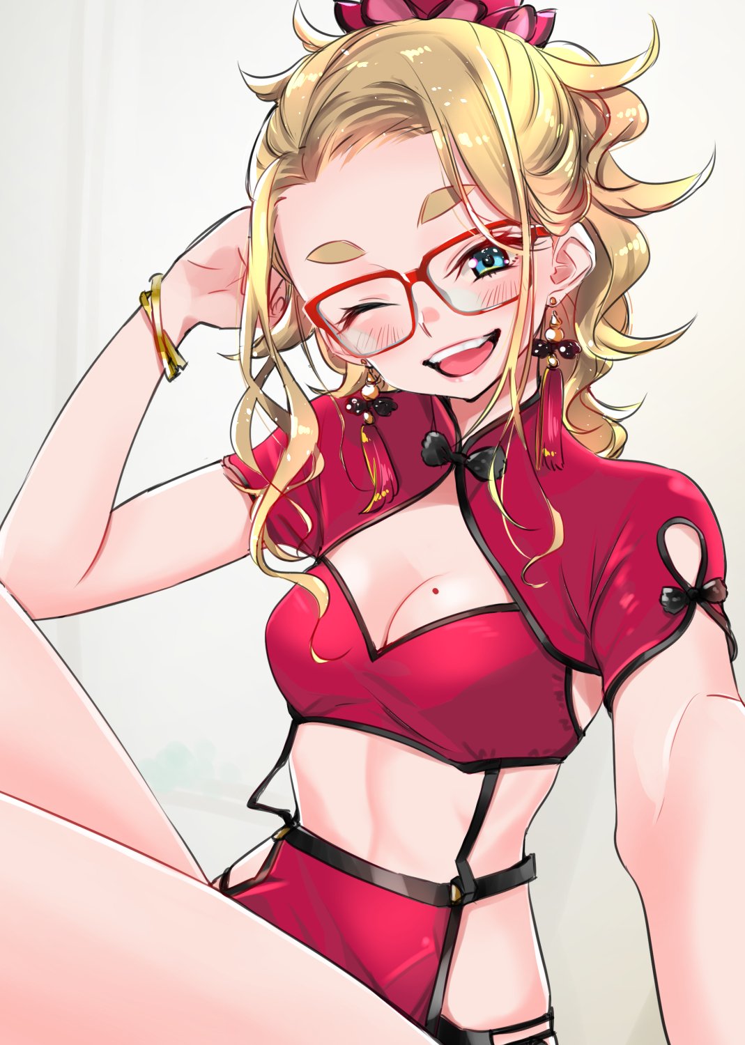 1girl blonde_hair blue_eyes blush bracelet breasts china_dress chinese_clothes cleavage commentary_request dekomegane dress earrings glasses highres jewelry long_hair looking_at_viewer mole mole_on_breast one_eye_closed open_mouth original red-framed_eyewear red_dress revealing_clothes sasetsu selfie shrug_(clothing) small_breasts smile solo tassel tassel_earrings thick_eyebrows