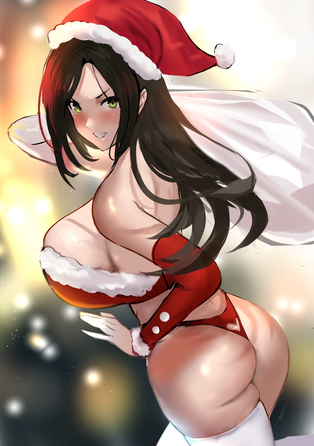 1girl ass ass_cutout bikini black_hair blush breasts clothing_cutout detached_sleeves fur-trimmed_bikini fur-trimmed_sleeves fur_trim green_eyes hat highres holding holding_sack huge_breasts idolmaster idolmaster_cinderella_girls jikihatiman long_hair looking_at_viewer mukai_takumi red_bikini sack santa_bikini santa_hat solo swimsuit thick_thighs thighhighs thighs white_thighhighs