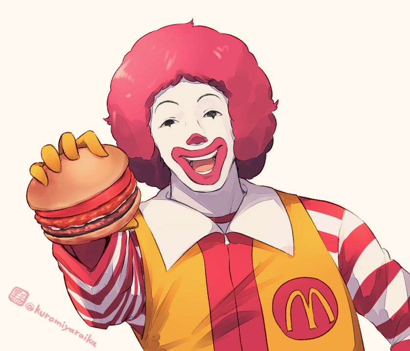 1boy :d afro black_eyes brown_background burger clown colored_skin facepaint food gloves holding holding_food jumpsuit kuromiya looking_at_viewer male_focus mcdonald's one-hour_drawing_challenge red_hair red_lips ronald_mcdonald simple_background smile solo striped_sleeves twitter_username upper_body white_skin yellow_gloves yellow_jumpsuit