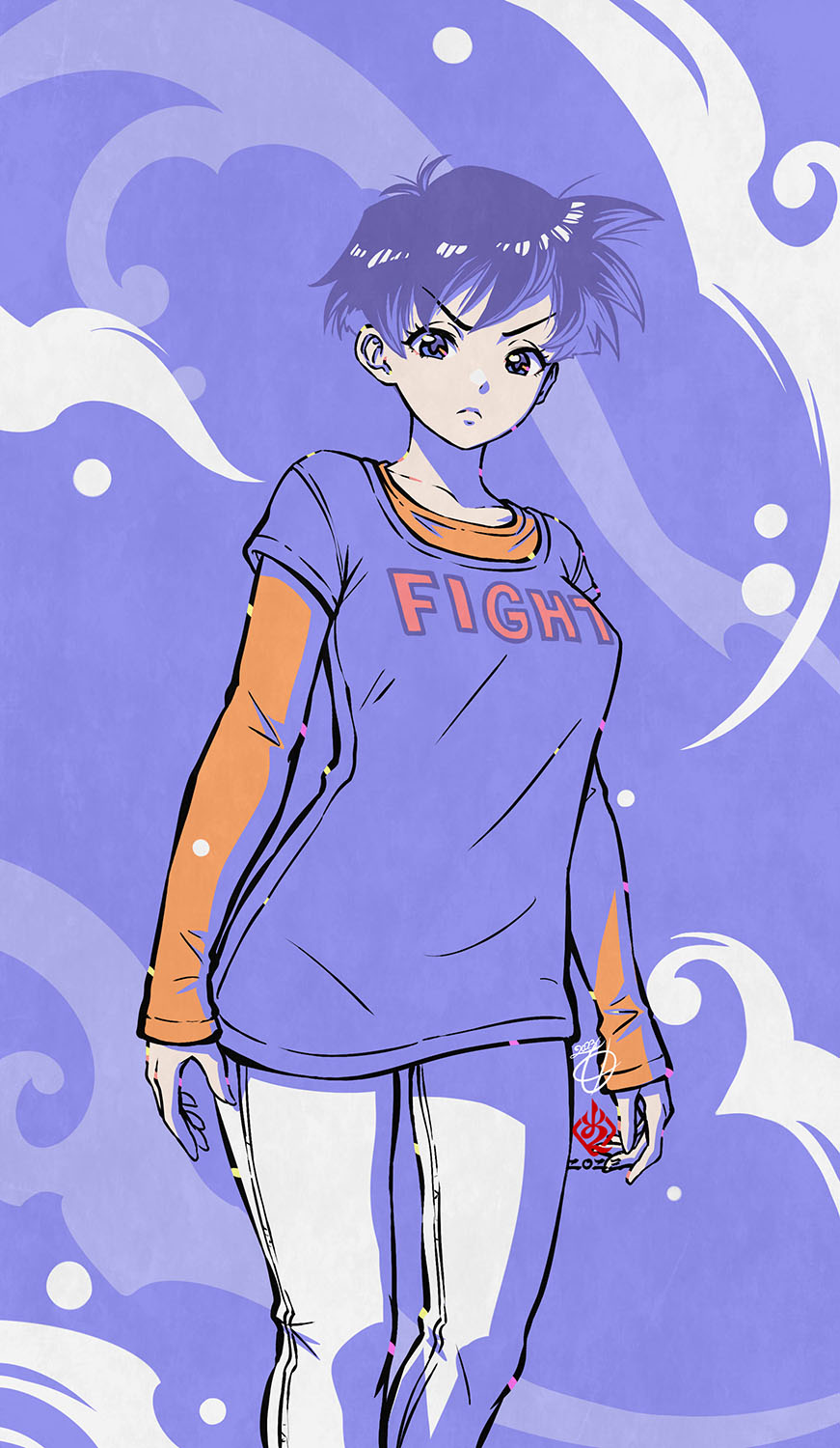 1girl black_hair clothes_writing dragon_ball dragon_ball_z frown highres kanchiyo layered_sleeves limited_palette long_sleeves pants purple_eyes shirt short_over_long_sleeves short_sleeves solo t-shirt tomboy videl walking white_pants