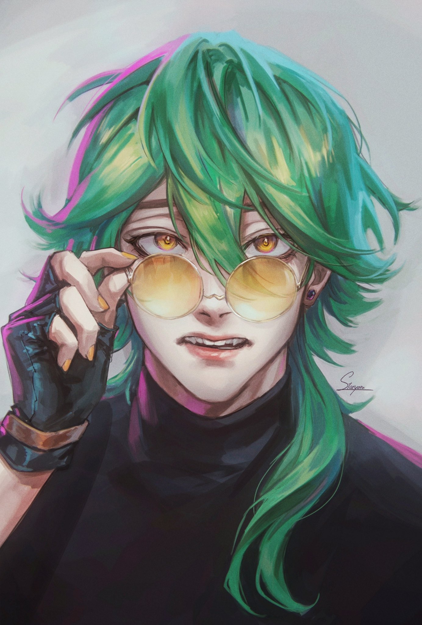 adjusting_eyewear black_shirt earrings ezreal fingerless_gloves gloves green_hair heartsteel_ezreal highres jewelry league_of_legends long_hair nail_polish open_mouth orange_eyes pink_light portrait shirt staryoruu sunglasses yellow_nails