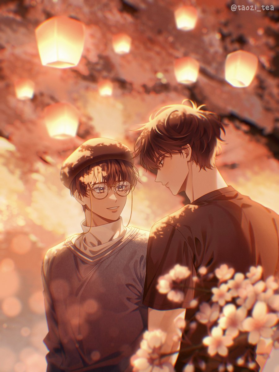 2boys bespectacled black_shirt brown_hair cherry_blossoms chromatic_aberration commentary english_commentary glasses hat highres kim_dokja lantern looking_at_another male_focus multiple_boys omniscient_reader's_viewpoint outdoors shirt short_hair smile taozi_tea yaoi yoo_joonghyuk