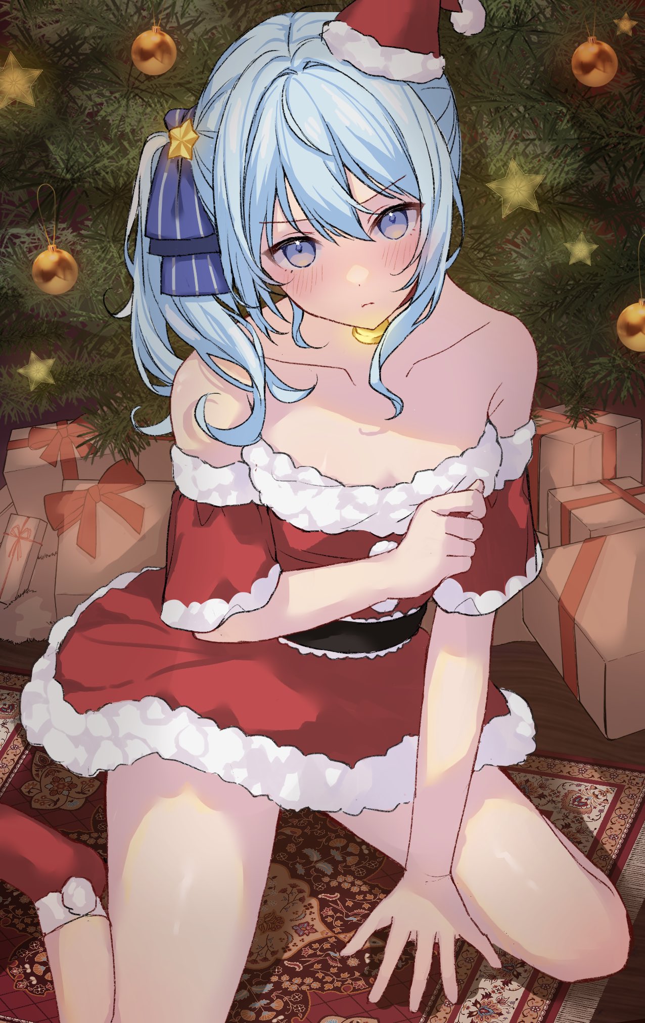 1girl bare_shoulders bell belt black_belt blue_eyes blue_hair blush carpet choker christmas_ornaments collarbone gift hair_between_eyes hat head_tilt highres hololive hoshimachi_suisei kohaku_(csacu) long_hair looking_at_viewer neck_bell on_floor red_choker red_socks santa_costume santa_hat short_sleeves side_ponytail sidelocks sitting socks solo upper_body v-shaped_eyebrows virtual_youtuber wariza