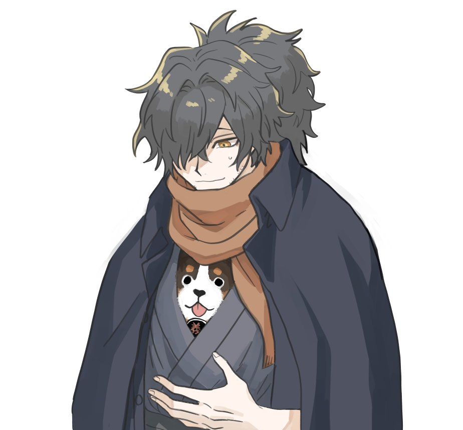 1boy closed_mouth facial_hair fate/grand_order fate_(series) grey_kimono hair_over_one_eye hand_up haori japanese_clothes kimono light_smile looking_down male_focus medium_hair okada_izou_(fate) orange_scarf pomeranian_(dog) ponytail scarf simple_background solo sousuke_(fate) stubble upper_body white_background yellow_eyes yuta_arata