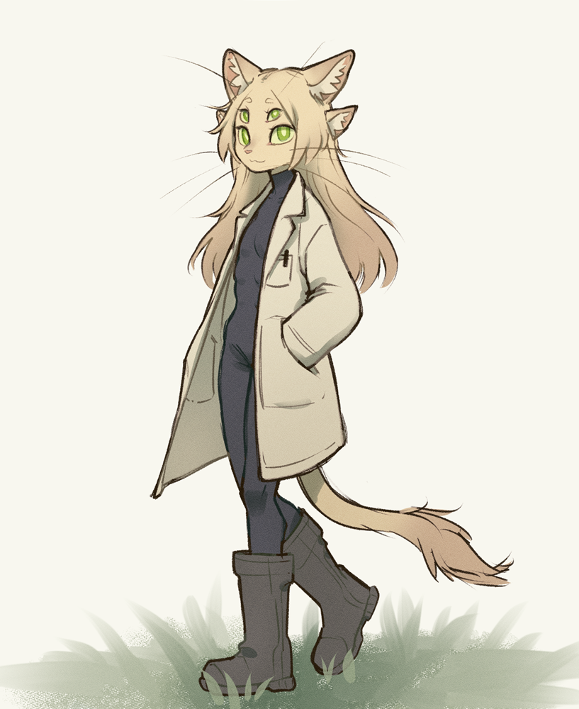4_ears 4_eyes 6_breasts alien anthro black_clothing breasts circle_eyebrows clothing coat domestic_cat eyebrows felid feline felis female fur grass green_eyes hair hand_in_pocket lab_coat long_hair looking_at_viewer mammal multi_breast multi_ear multi_eye plant pockets sabi_(tateoftot) simple_background skinsuit small_breasts smile smiling_at_viewer solo standing tail tail_tuft tan_body tan_fur tan_hair tateoftot tight_clothing topwear tuft walking whiskers white_clothing