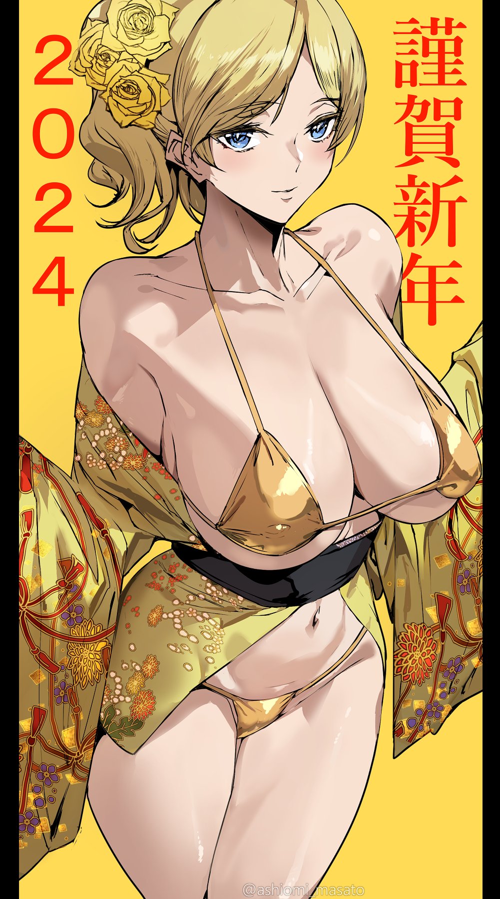 1girl 2024 alternate_costume alternate_hairstyle ashiomi_masato bikini blonde_hair blue_eyes breasts floral_print flower gold_bikini guilty_gear guilty_gear_strive hair_flower hair_ornament highres huge_breasts japanese_clothes kimono long_hair long_sleeves looking_at_viewer millia_rage navel off_shoulder print_kimono rose shiny_swimsuit simple_background smile standing swimsuit wavy_hair wide_sleeves yellow_background yellow_flower yellow_kimono yellow_rose
