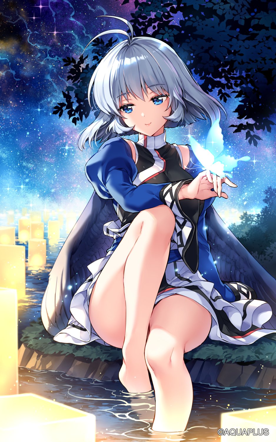 1girl antenna_hair bangs bare_legs barefoot black_dress black_wings blue_butterfly blue_eyes breasts bug butterfly butterfly_on_finger commentary_request dress eyebrows_visible_through_hair feathered_wings highres insect juliet_sleeves kamyu knee_up long_sleeves looking_away medium_breasts nardack night night_sky puffy_sleeves short_hair silver_hair sitting sky smile soaking_feet solo star_(sky) starry_sky two-tone_dress utawarerumono white_dress wings