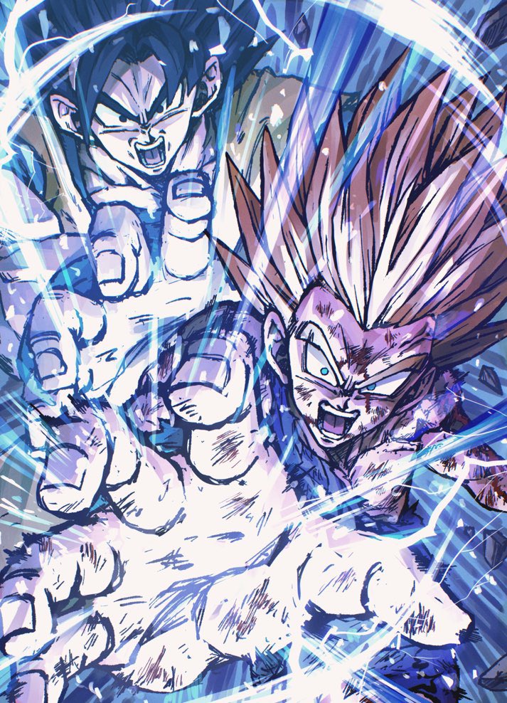 2boys aura battle_damage black_eyes black_hair blonde_hair blood blood_on_arm blood_on_face collarbone dougi dragon_ball dragon_ball_z father-son_kamehameha green_eyes hand_up hashagu incoming_attack kamehameha_(dragon_ball) looking_at_viewer male_focus multiple_boys open_mouth pectorals purple_shirt shirt shouting son_gohan son_goku spiked_hair super_saiyan super_saiyan_2 torn_clothes torn_shirt