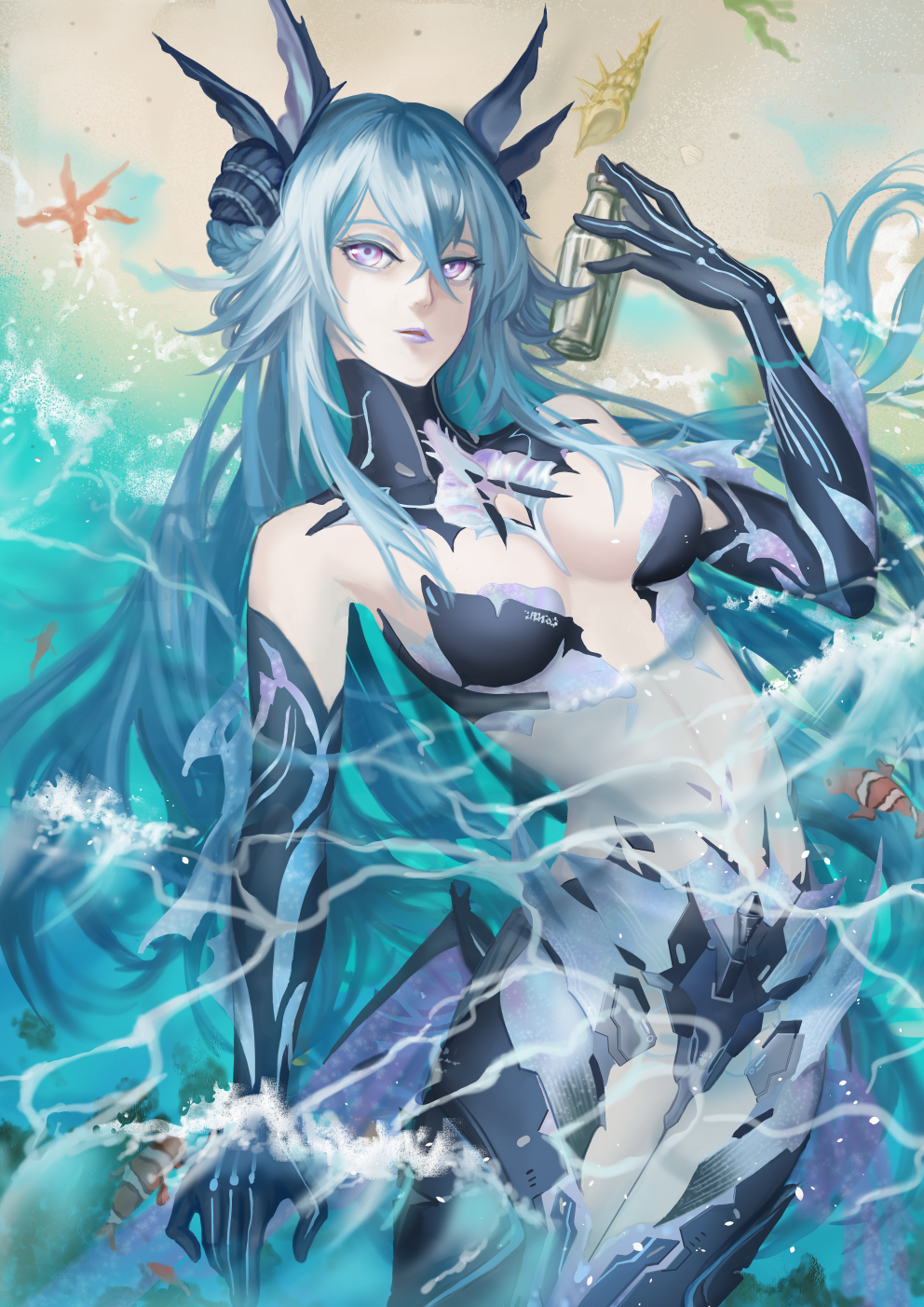 1girl adhesive_bra aqua_hair beach black_bra black_collar blue_eyes bra braid collar crossed_bangs destine_(sallyfish) detached_collar fins french_braid hair_between_eyes head_fins high_collar highres lamia_(punishing:_gray_raven) long_hair mechanical_arms mechanical_tail mermaid monster_girl multicolored_eyes partially_submerged punishing:_gray_raven purple_eyes purple_lips ringed_eyes shell shell_hair_ornament solo starfish tail underwear very_long_hair