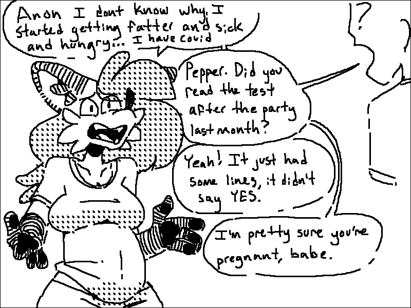 1-bit 4:3 anthro black_and_white black_border border canid canine clothing english_text female fox implied_pregnancy mammal monochrome pepper_(sketchytoasty) pregnant sketch sketchytoasty speech_bubble talking_to_another talking_to_partner text