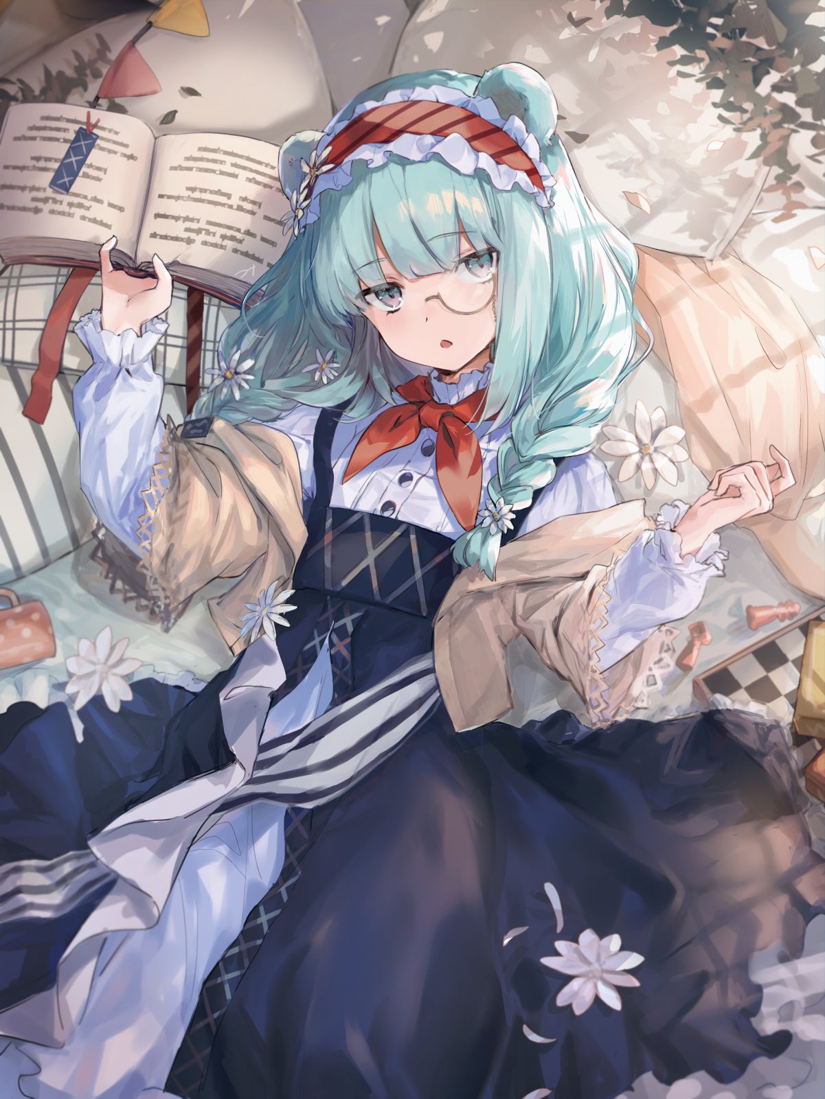 1girl animal_ears arknights bangs bear_ears blue_dress blue_eyes blue_hair book braid chess_piece chessboard commentary_request dress eyebrows_visible_through_hair from_above hairband hand_up happitan_no_kona highres holding holding_book istina_(arknights) istina_(bibliosmia)_(arknights) lolita_hairband long_hair long_sleeves looking_at_viewer lying monocle neckerchief on_back on_bed open_book pillow red_neckwear semi-rimless_eyewear solo twin_braids