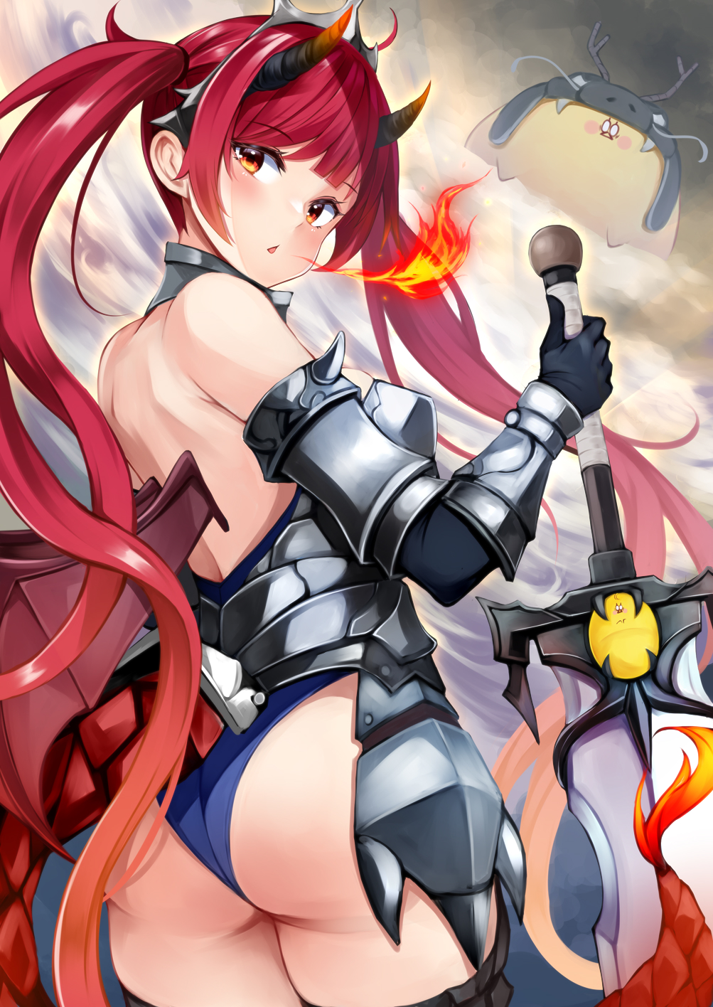 1girl alternate_costume armor armored_dress ass azur_lane bare_back bare_shoulders black_gloves blue_panties breastplate breathing_fire chinese_zodiac collar commentary_request cowboy_shot detached_collar dragon_girl dragon_horns dragon_tail elbow_gloves fire from_behind gauntlets gloves highres honolulu_(azur_lane) horns irohara long_hair manjuu_(azur_lane) metal_collar orange_eyes panties red_hair solo tail twintails underwear very_long_hair year_of_the_dragon