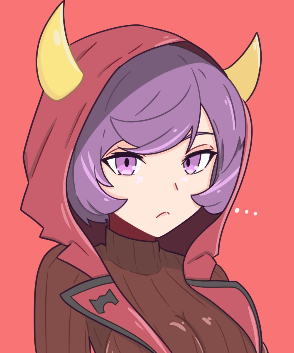 1girl breasts courtney_(pokemon) cowlick dress fake_horns highres hood hooded_vest hoodie horned_headwear horned_hood horns long_sleeves medium_breasts pokemon pokemon_oras purple_eyes purple_hair red_background red_dress ribbed_dress short_dress short_hair solo swept_bangs tavi_(hosheezus) team_magma team_magma_uniform turtleneck_dress upper_body vest