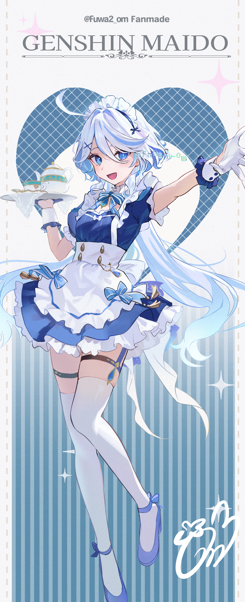 ahoge alternate_costume apron asymmetrical_gloves black_gloves blue_dress blue_eyes blue_footwear blue_hair dress drop-shaped_pupils enmaided frilled_apron frilled_dress frills full_body furina_(genshin_impact) genshin_impact gloves grey_hair hair_between_eyes hair_ornament half_gloves high_heels highres holding light_blue_hair long_hair looking_at_viewer maid maid_apron maid_headdress mismatched_gloves mismatched_pupils multicolored_hair omelet_tomato short_sleeves signature solo standing streaked_hair thigh_strap thighhighs twitter_username white_apron white_gloves white_thighhighs wrist_cuffs x_hair_ornament zettai_ryouiki