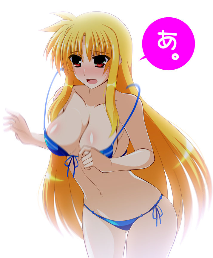 1girl bikini blonde_hair blush breasts cleavage commentary cowboy_shot engo_(aquawatery) fate_testarossa front-tie_bikini_top front-tie_top frown large_breasts leaning_forward long_hair looking_to_the_side lyrical_nanoha motion_blur navel open_mouth red_eyes side-tie_bikini_bottom simple_background solo speech_bubble standing swimsuit translated untied_bikini very_long_hair wardrobe_malfunction white_background