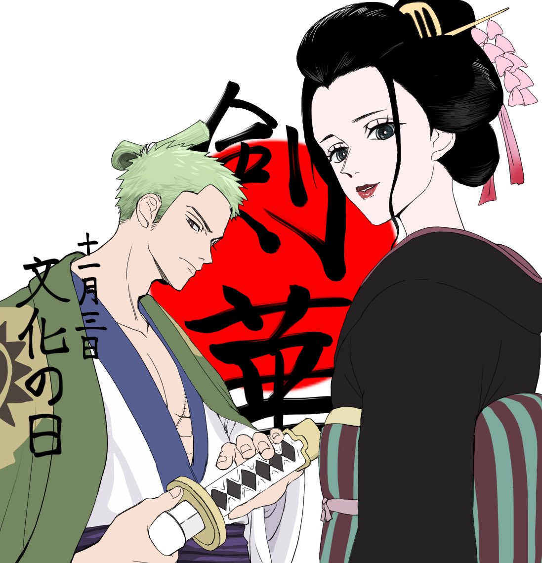 1boy 1girl black_hair closed_mouth commentary_request green_hair hair_ornament hair_stick hisarakanoi holding holding_sheath holding_sword holding_weapon japanese_clothes japanese_flag katana kimono lips lipstick looking_at_viewer makeup nico_robin official_alternate_costume one_piece red_lips roronoa_zoro scar scar_on_chest sheath sheathed short_hair smile sword topknot translation_request weapon