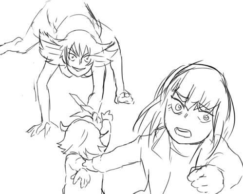 all_fours artist_request copyright_request greyscale holding_another's_arm kill_la_kill kiryuuin_ragyou kiryuuin_satsuki lowres matoi_ryuuko monochrome reaching_towards_another running scared siblings sisters sketch thick_eyebrows