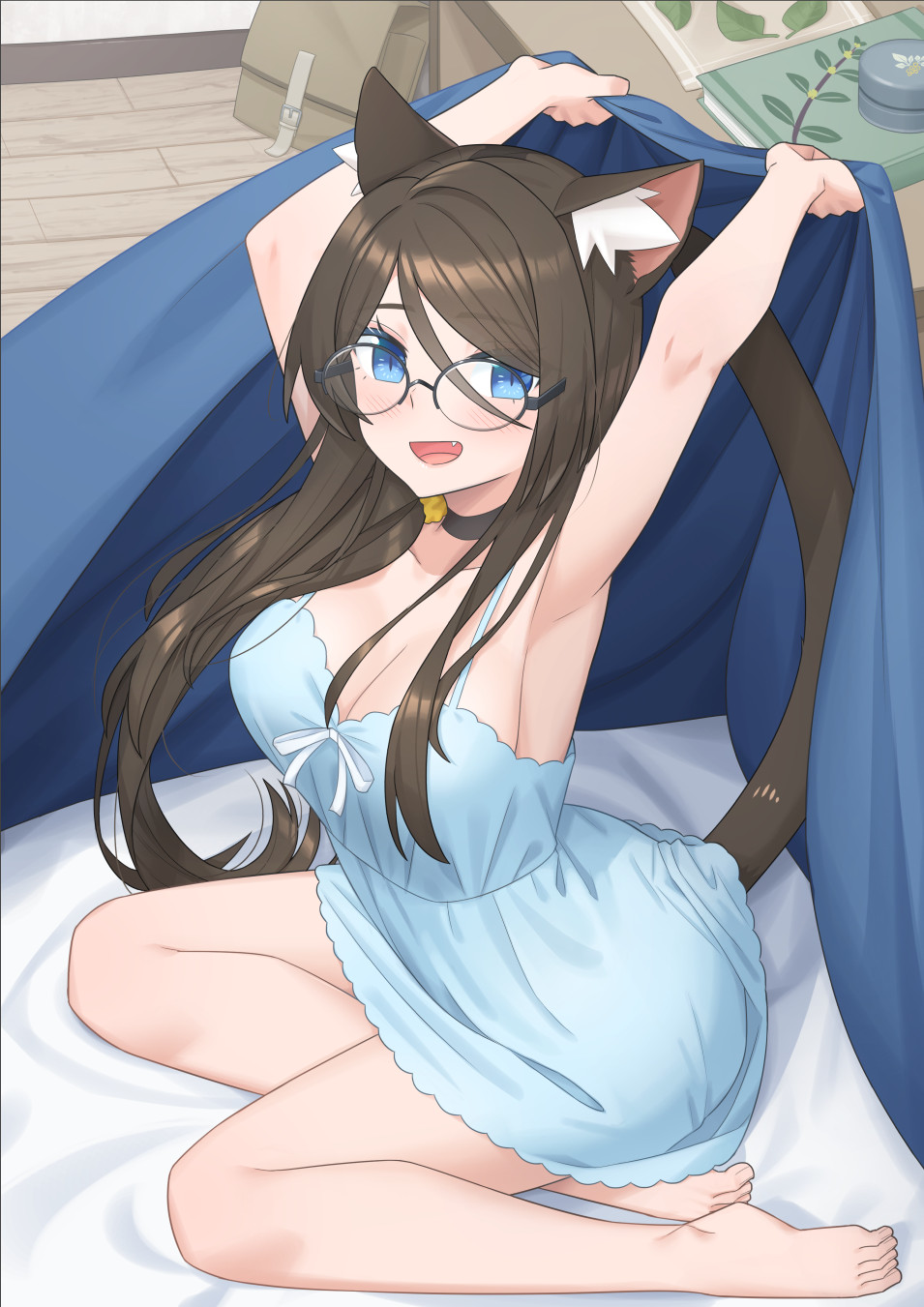 1girl :d aina_(mao_lian) animal_ears armpits bare_legs black_choker blue_dress blue_eyes breasts cat_ears cat_girl cat_tail choker cleavage dress full_body hair_between_eyes highres large_breasts lifting_covers long_hair mao_lian_(nekokao) on_bed original over-rim_eyewear semi-rimless_eyewear short_dress sitting smile solo spaghetti_strap tail yokozuwari