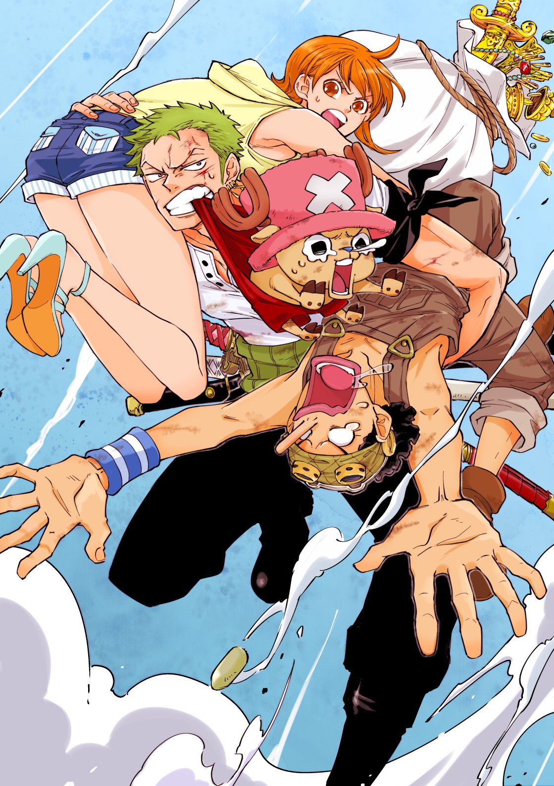 1girl 3boys antlers bandana_around_arm black_eyes black_footwear black_hair black_pants boots carrying carrying_person chabo_(niwatori_bosori) clenched_teeth commentary crying falling gold green_hair haramaki high_heels highres horns jewelry looking_to_the_side multiple_boys nami_(one_piece) one_piece orange_eyes orange_hair overalls pants pink_headwear reindeer_antlers roronoa_zoro shorts sky smoke sword teeth tony_tony_chopper usopp v-shaped_eyebrows weapon wristband