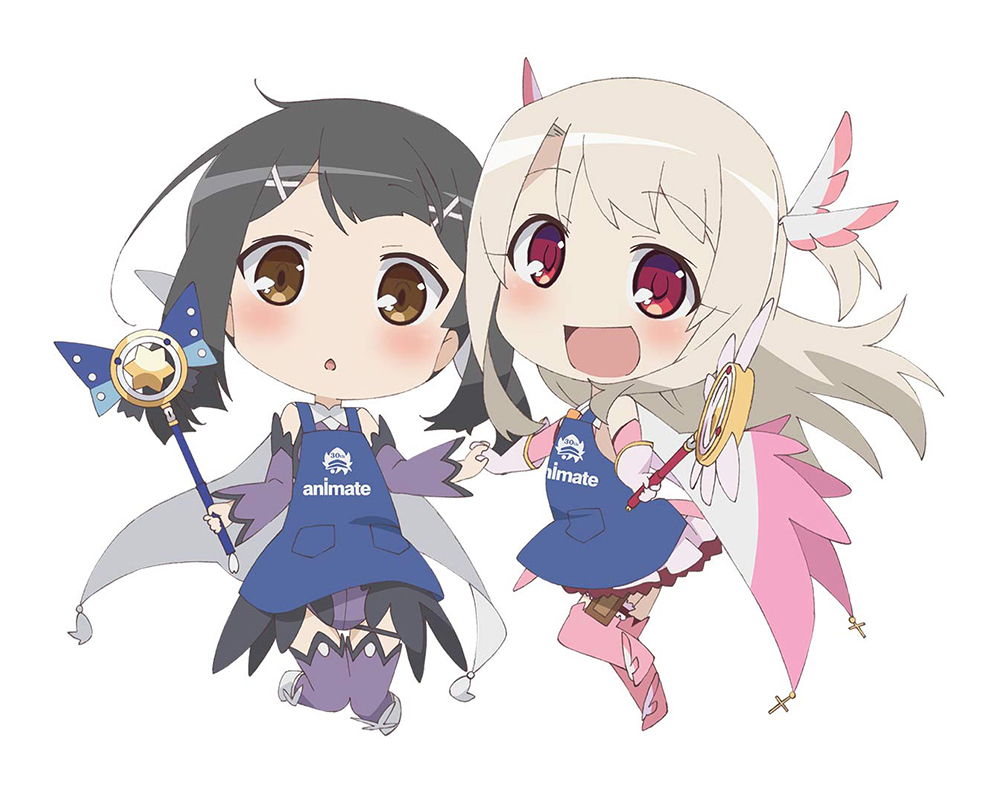2girls :d animate_(company) apron bare_shoulders black_hair blonde_hair blue_apron blush boots brown_eyes cape chibi commentary_request detached_sleeves dress elbow_gloves fate/kaleid_liner_prisma_illya fate_(series) feather_hair_ornament feathers full_body gloves hair_ornament hairclip holding holding_wand illyasviel_von_einzbern kaleidostick long_hair long_sleeves magical_girl magical_ruby magical_sapphire miyu_edelfelt multiple_girls official_art open_mouth pink_dress pink_footwear pink_sleeves prisma_illya purple_sleeves purple_thighhighs red_eyes simple_background smile thigh_boots thighhighs wand weapon white_background white_cape x_hair_ornament zettai_ryouiki
