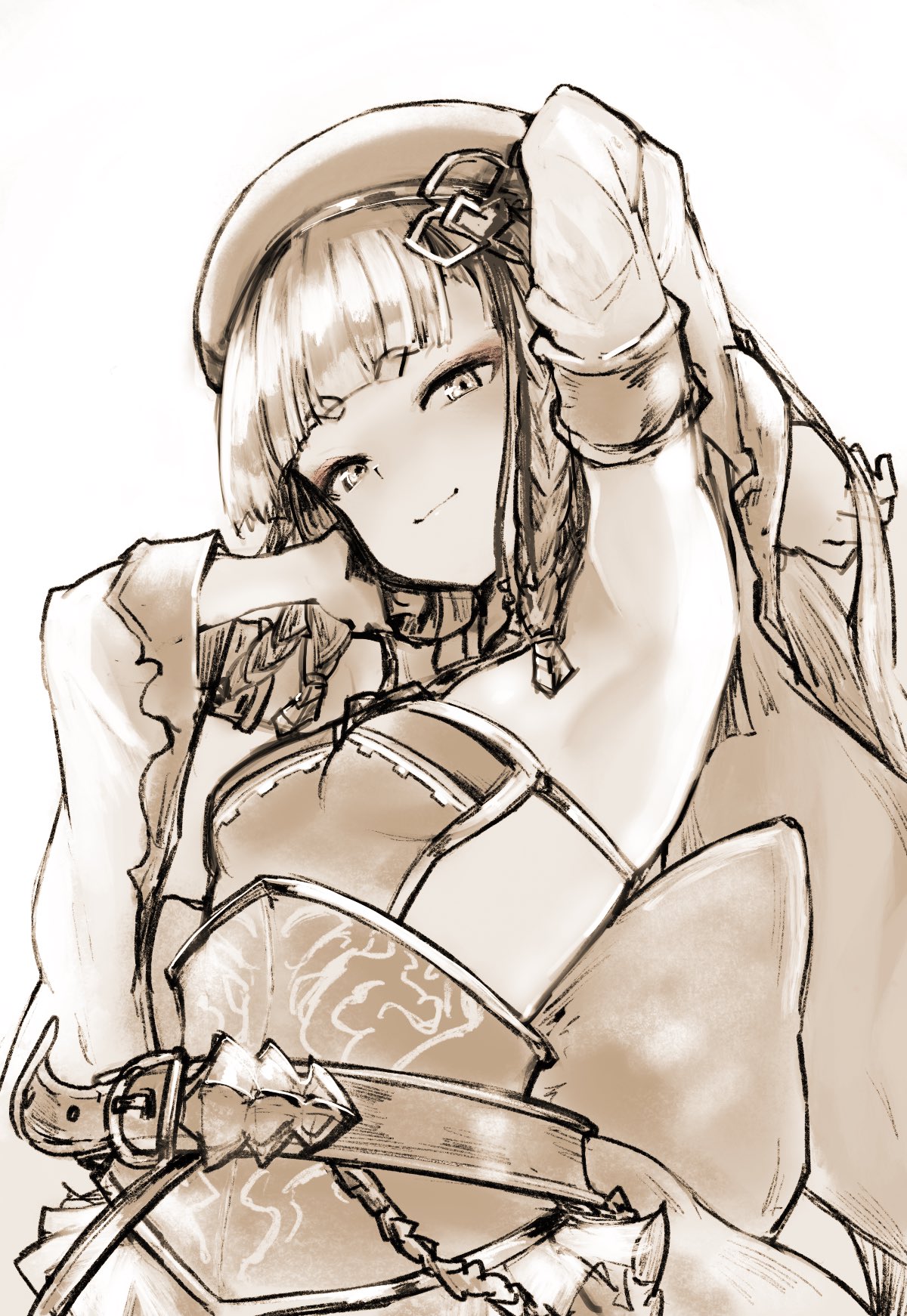 1girl armlet backless_dress backless_outfit bare_shoulders belt beret blunt_bangs blush braid breasts detached_sleeves dress erune eyeliner granblue_fantasy greyscale hat highres long_hair looking_at_viewer makeup monochrome nosuku pholia short_eyebrows side_braids small_breasts solo very_long_hair wide_sleeves
