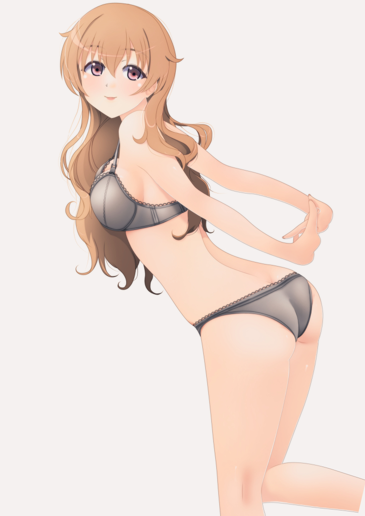 1girl arms_behind_back ass back black_bra black_panties bra breasts brown_hair closed_mouth commentary from_side grey_background interlocked_fingers jou_(circlemay) konoe_kanata lace-trimmed_bra lace-trimmed_panties lace_trim leaning_forward leg_up long_hair looking_at_viewer looking_back love_live! love_live!_nijigasaki_high_school_idol_club medium_breasts own_hands_together panties purple_eyes simple_background smile solo standing standing_on_one_leg underwear
