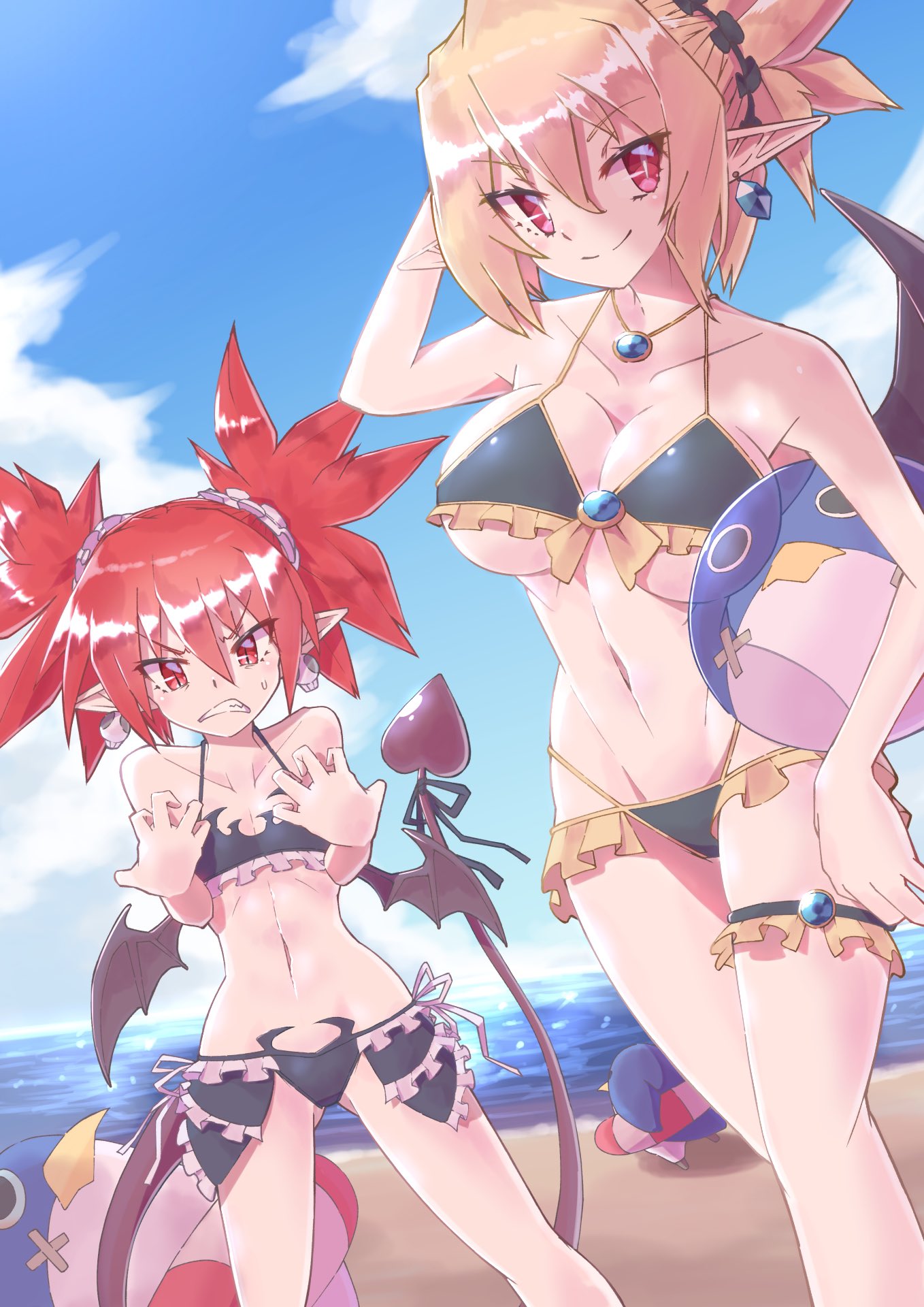 2girls bat_wings bikini bird blonde_hair breast_envy breasts cleavage demon_girl demon_tail demon_wings disgaea earrings etna_(disgaea) flat_chest highres jewelry large_breasts makai_senki_disgaea_2 multiple_girls navel necklace peg_leg penguin pointy_ears prinny red_eyes red_hair rozalin skull_earrings smile strail_cycleman swimsuit tail twintails wings