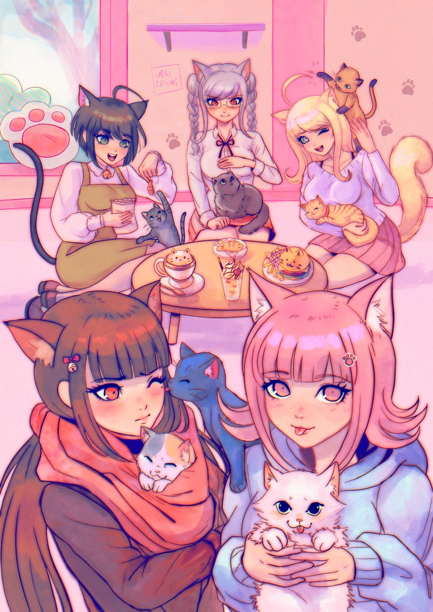 :p ahoge akamatsu_kaede alternate_costume animal animal_ears bangs black_hair blonde_hair blue_eyes blunt_bangs blush braid brown_hair cat cat_ears cat_girl cat_tail danganronpa_(series) danganronpa_2:_goodbye_despair danganronpa_another_episode:_ultra_despair_girls danganronpa_v3:_killing_harmony eyebrows_visible_through_hair face_licking food glasses hair_ornament hairclip harukawa_maki highres holding hood hoodie indoors jacket licking long_hair looking_at_viewer missarilicious multiple_girls naegi_komaru nanami_chiaki neck_ribbon one_eye_closed open_mouth pekoyama_peko pink_eyes pink_hair pink_skirt pleated_skirt red_eyes red_scarf ribbon scarf school_uniform shirt short_hair sitting skirt sweater table tail tongue tongue_out