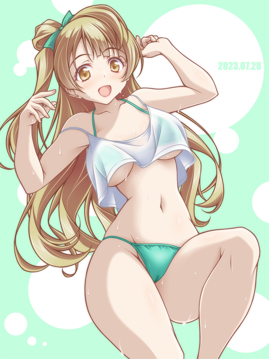 1girl bikini breasts brown_eyes brown_hair cameltoe camisole commentary cropped_shirt dated green_bikini green_ribbon groin hair_ribbon halterneck highres kikuchi_tsutomu knee_up long_hair looking_at_viewer love_live! love_live!_school_idol_project medium_breasts minami_kotori navel one_side_up open_mouth ribbon smile solo strap_slip string_bikini swimsuit underboob wet white_camisole