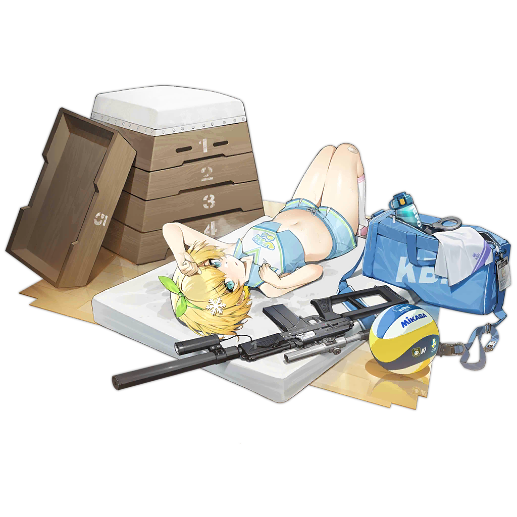 1girl aged_down arm_up bag bandaid bandaid_on_knee bandaid_on_leg blonde_hair blue_bag blue_eyes blue_shirt blue_shorts blush bottle cheerleader closed_mouth collared_shirt cuffs duffel_bag flashlight full_body girls'_frontline green_hairband hair_ornament hairband handcuffs id_card knees_up looking_at_viewer lying magazine_(weapon) mat micro_shorts midriff mole mole_under_eye navel official_alternate_costume official_art on_back pink_footwear reflective_floor scope shirt shoes short_hair shorts simple_background siqi_(miharuu) sleeveless sleeveless_shirt sneakers snowflake_hair_ornament socks solo steam sweat third-party_source transparent_background unzipped vaulting_horse volleyball vsk-94 vsk-94_(dance_like_the_blazing_sun)_(girls'_frontline) vsk-94_(girls'_frontline) water_bottle white_socks wooden_floor